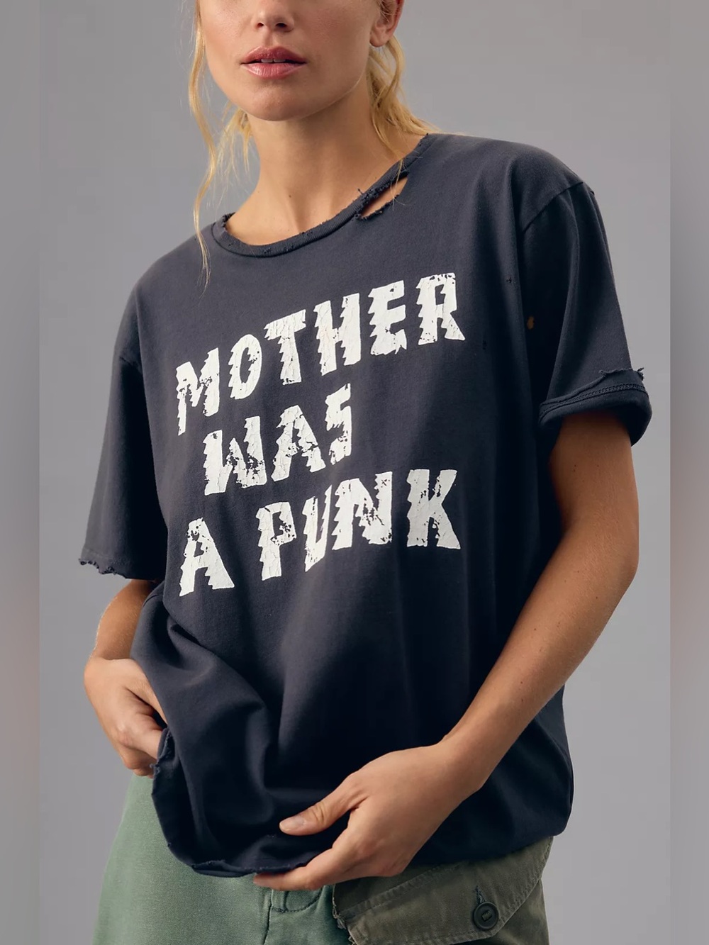 Anthropologie MOTHER The Rowdy Tee 100% Cotton Distressed Grey Short Sleeve M